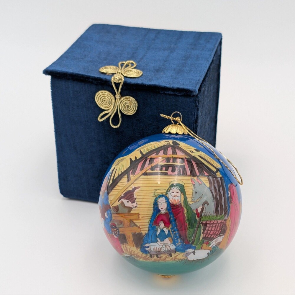 Vintage 2003 Pier 1 Li Bien Reverse Painted Christmas Ornament Nativity Manger